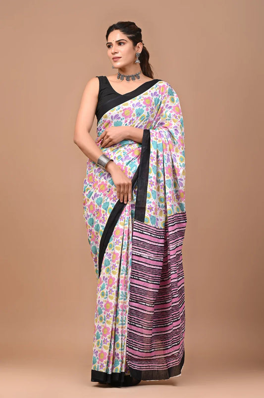 Flowers Print Quirky Mulcotton saree
