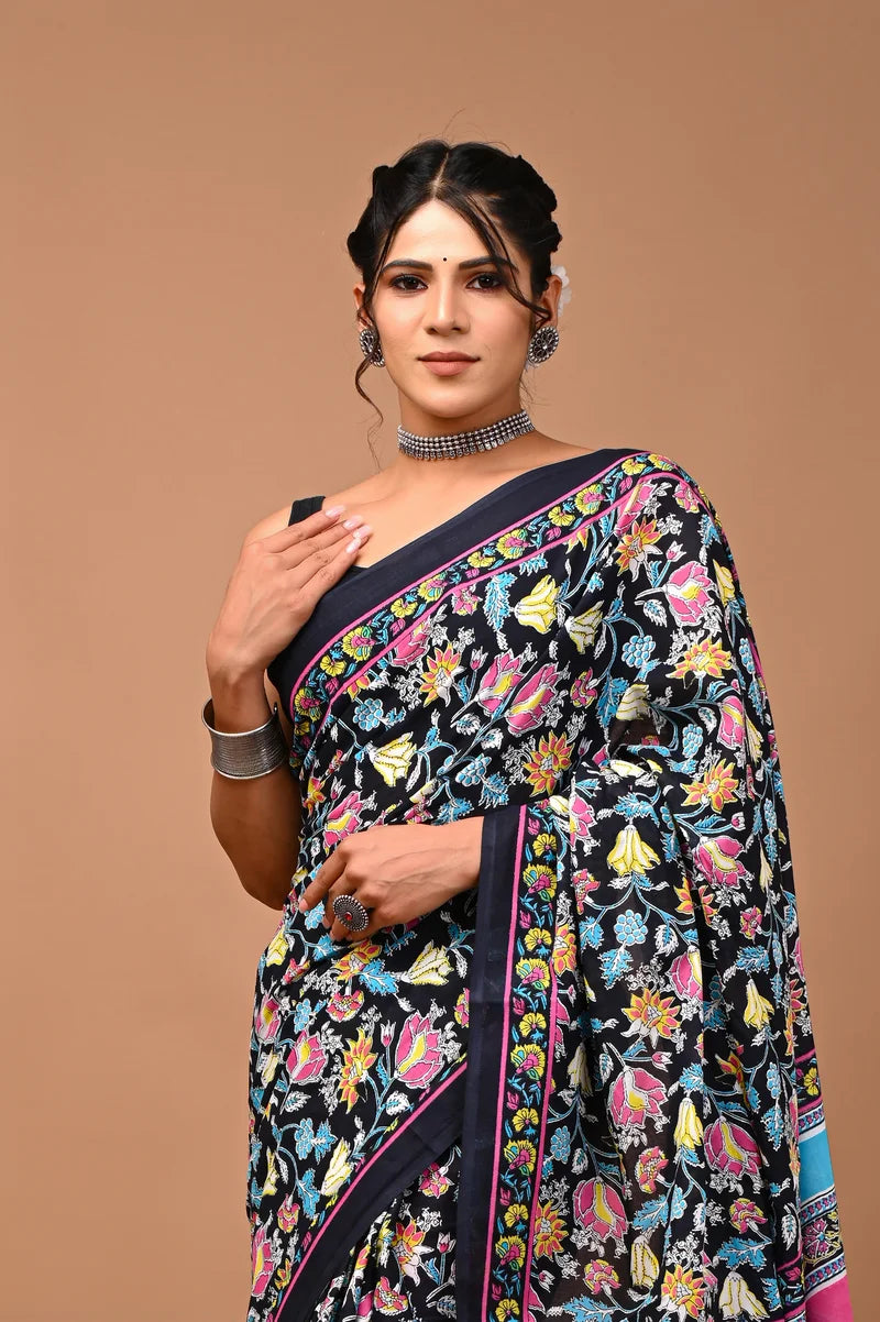 Floral print Quirky Mulcotton saree BLK