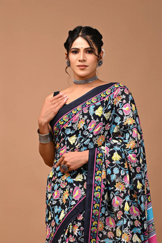 Floral print Quirky Mulcotton saree BLK