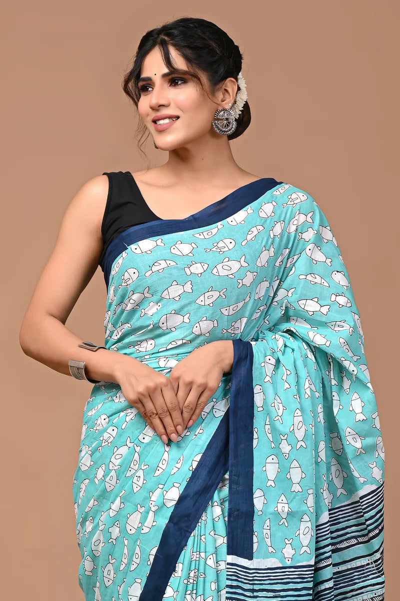 Tea print cotton mulmul saree