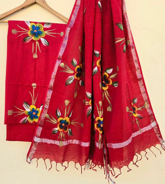 RED COTTON SUIT WITH LINEN DUPATTA 125