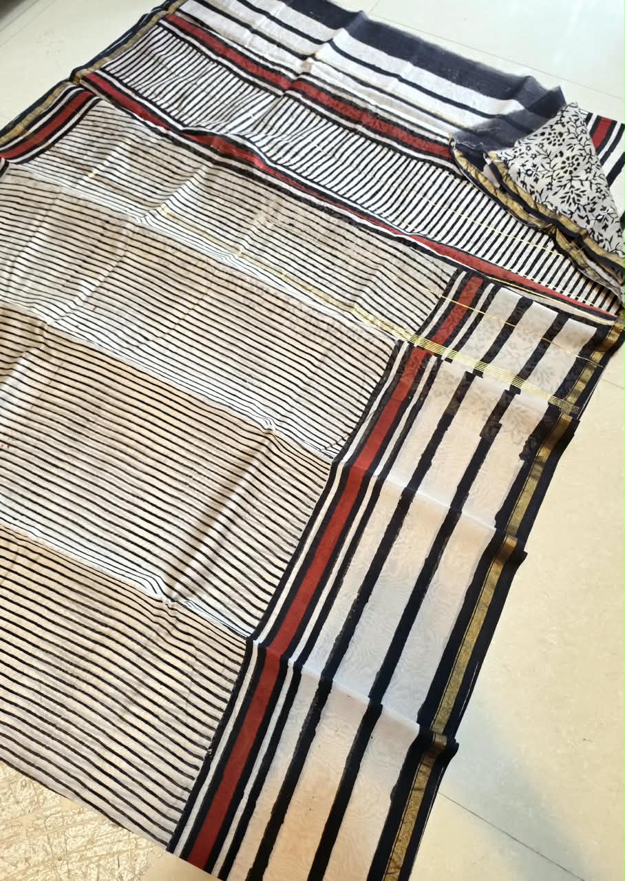 STRIPES PRINTED CHANDERI SILK SAREE TBBC2