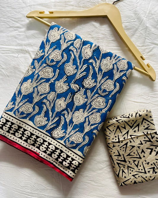 Bagru Printed Blue Mulcotton Saree