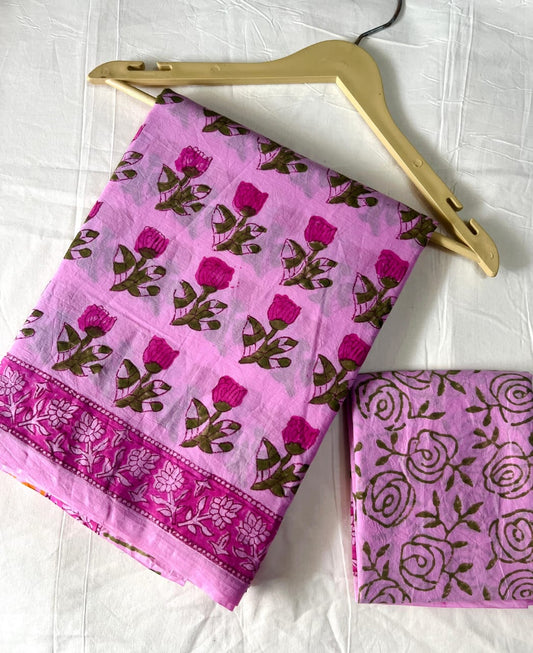 Motif Printed Pink Mulcotton Saree
