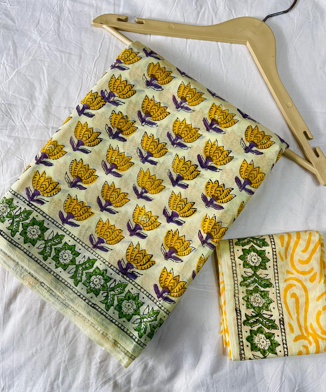 YELLOW MOTIFS PRINTED PURE MULCOTTON SAREE