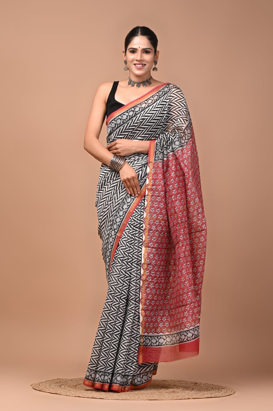 SANGANERI PRINTED GEOMETRICAL CHANDERI SILK SAREE